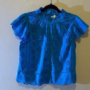 Elegant Blue Eyelet Ruffle Blouse
